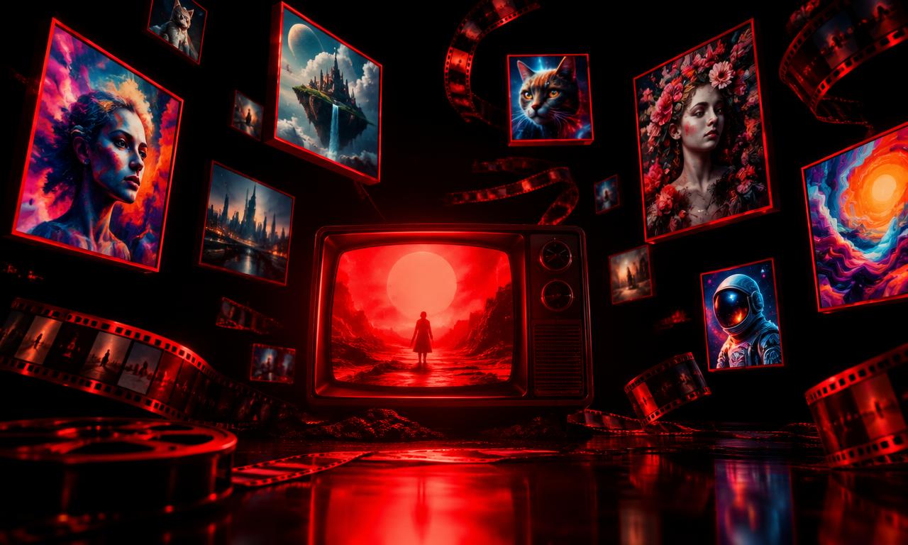 Glowing red TV surrounded by AI art